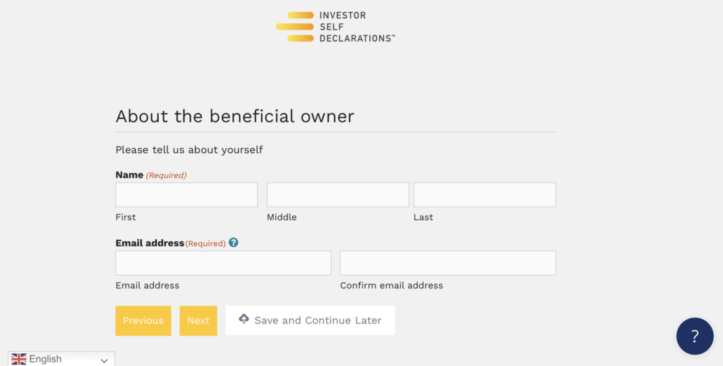 Investor Self Declarations questionnaire screen showing name and email address fields, followed by Previous, Next and Save and Continue Later buttons. The Save and Continue Later button is circled in purple and has an arrow pointing towards it.